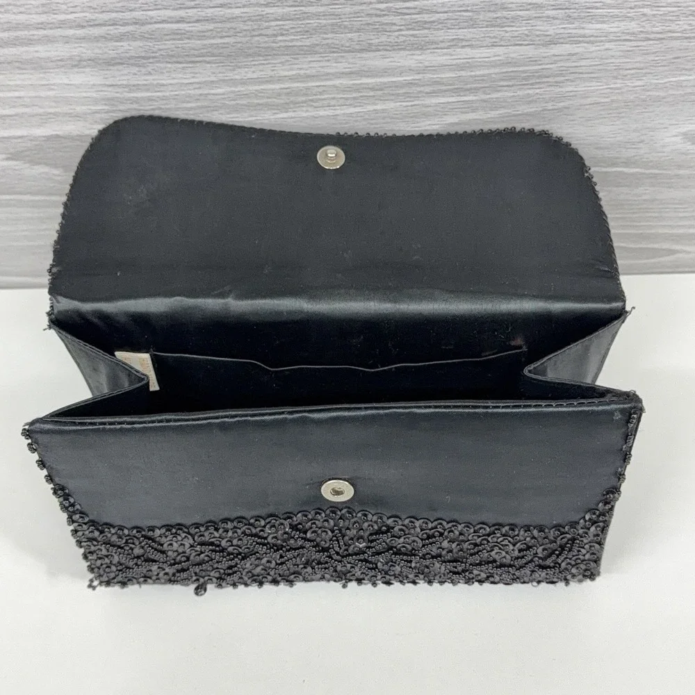 Vintage 1950s Black Beaded Sequin Evening Bag Clutch Purse Handmade‎ Hong Kong